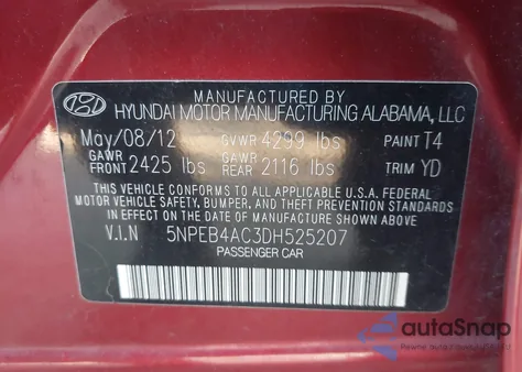 2013 Hyundai Sonata Gls z USA, uszkodzony, nr VIN 5NPEB4AC3DH525207